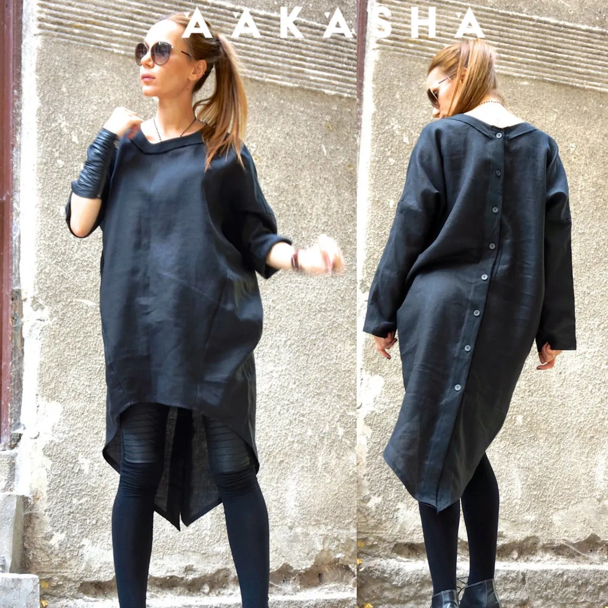 Aakasha  |Linen Long Sleeves Plain Handmade Elegant Style Asymmetry