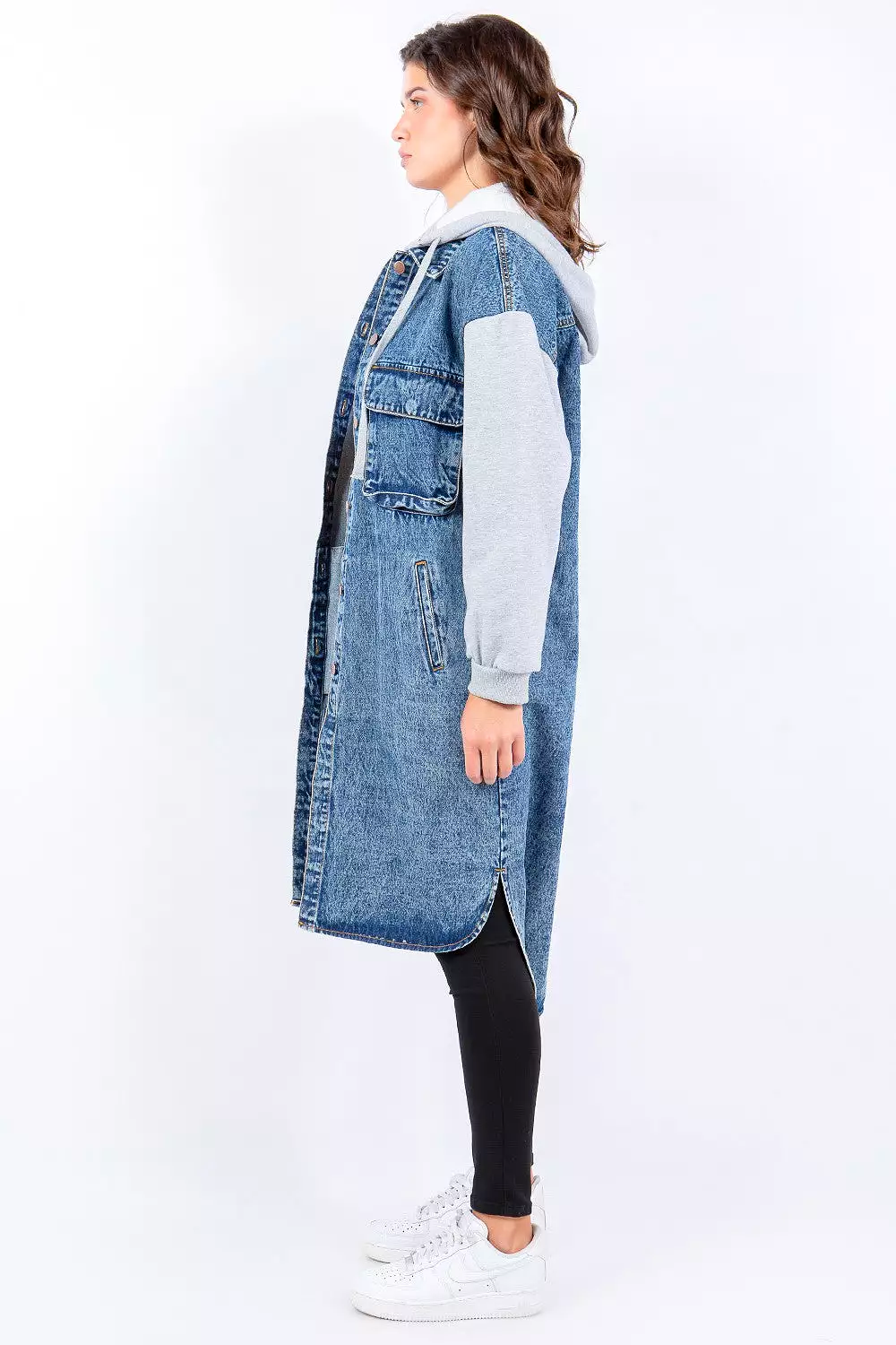 American Bazi Contrast Longline Hooded Denim Jacket