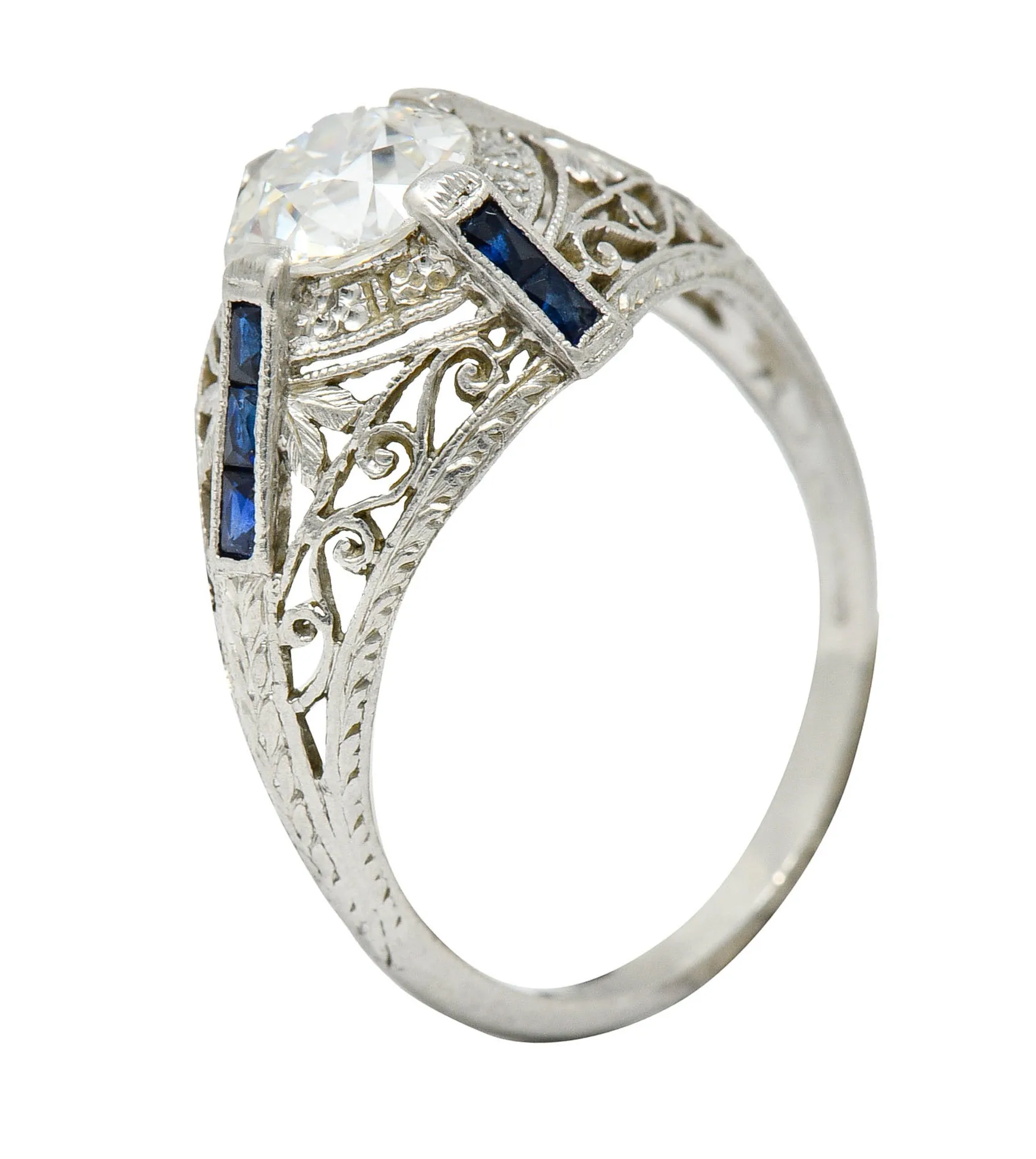 Art Deco 1.32 CTW Diamond Sapphire Platinum Foliate Engagement Ring