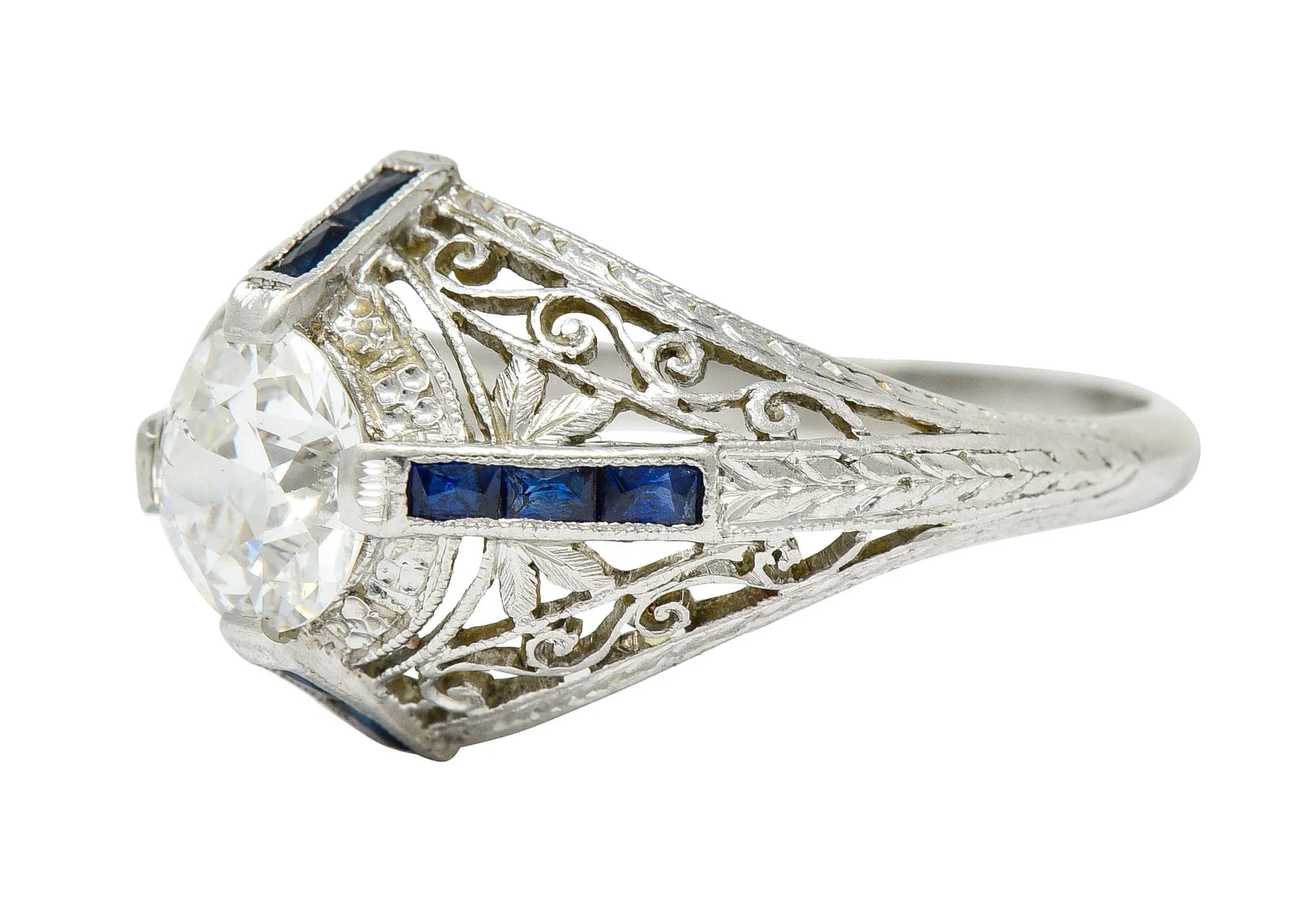 Art Deco 1.32 CTW Diamond Sapphire Platinum Foliate Engagement Ring