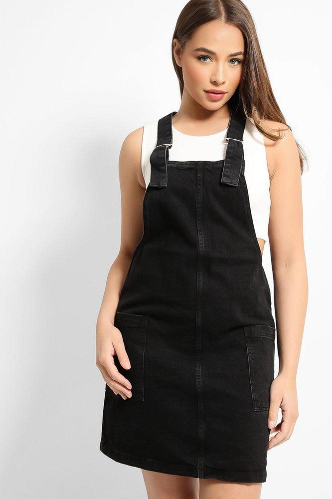 Ash Black Classic Buckles Fine Denim Pinafore Dress