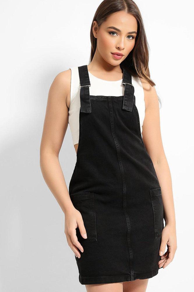 Ash Black Classic Buckles Fine Denim Pinafore Dress