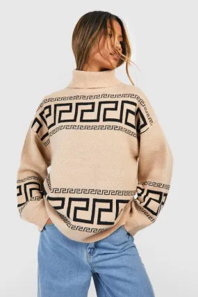 Aztec Trim Soft Knit Turtleneck Oversized Sweater