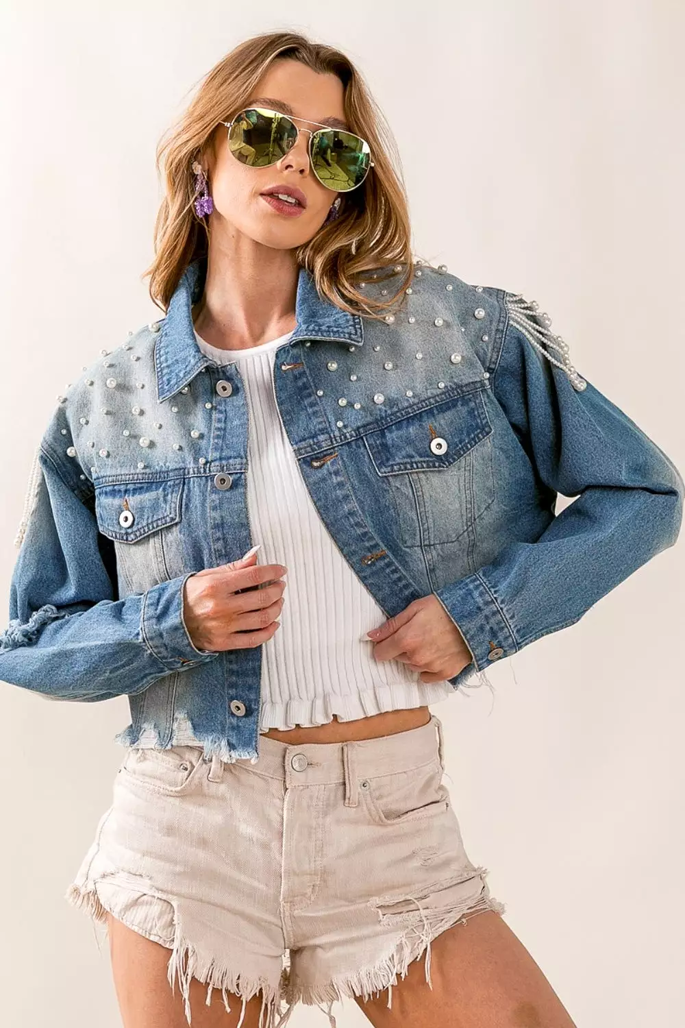 BiBi Pearl Detail Distressed Cropped Denim Jacket