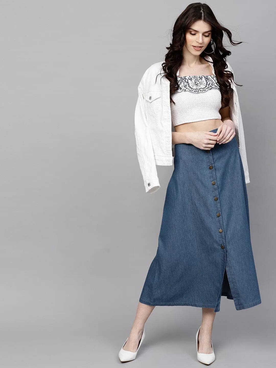 Blue Denim Longline Buttoned Skirt