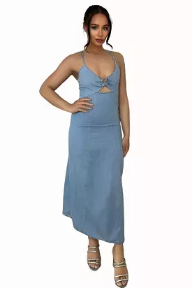 Blue Denim Strappy Peek-a-boo Midi Dress