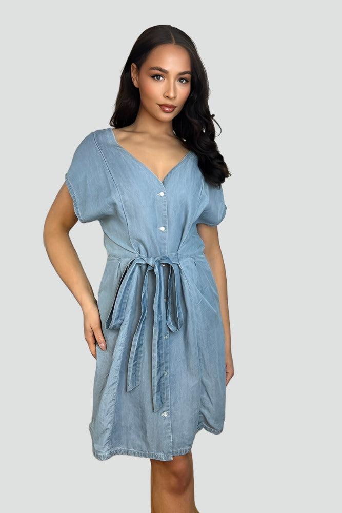 Blue Denim V-Neck Drawstring Waist Dress