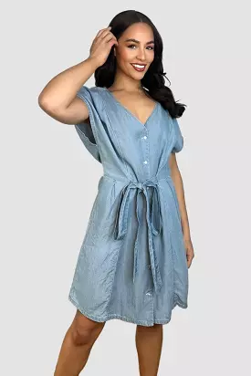 Blue Denim V-Neck Drawstring Waist Dress