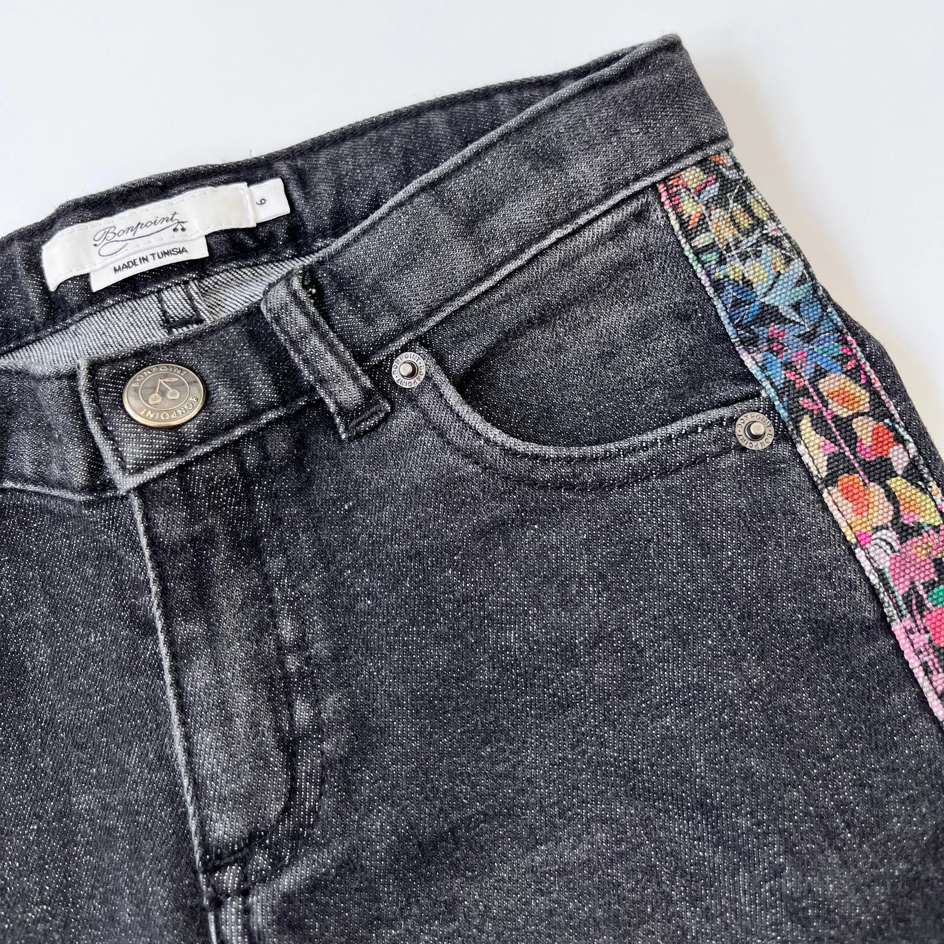 Bonpoint Faded Black Jeans With Liberty Print Trim: 6 Years