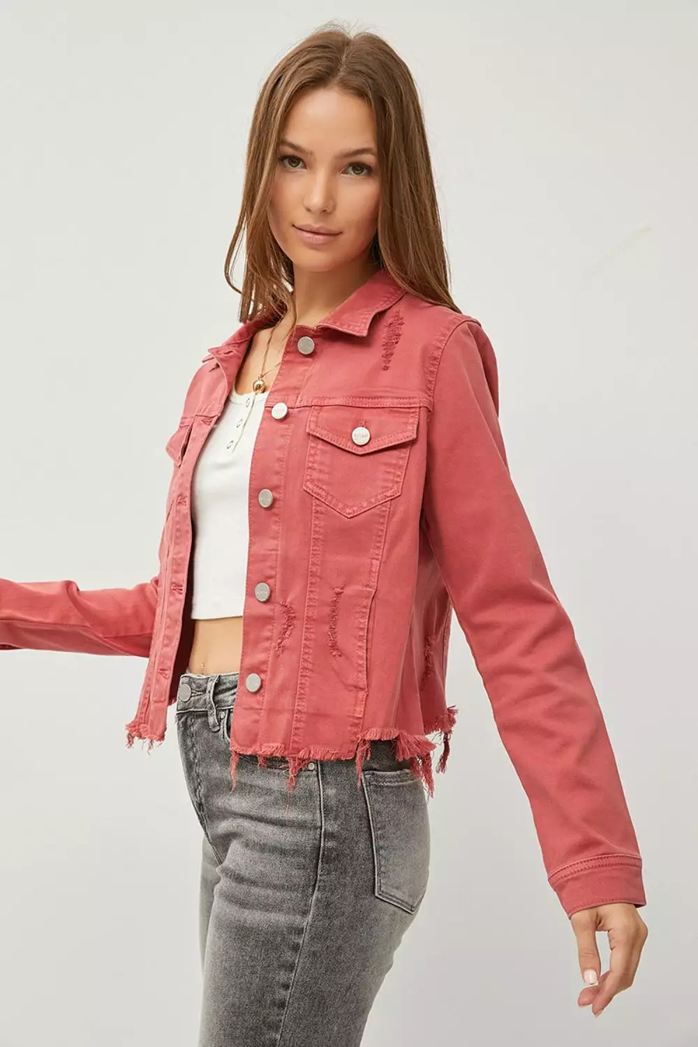 Brick Raw Hem Button Up Cropped Denim Jacket