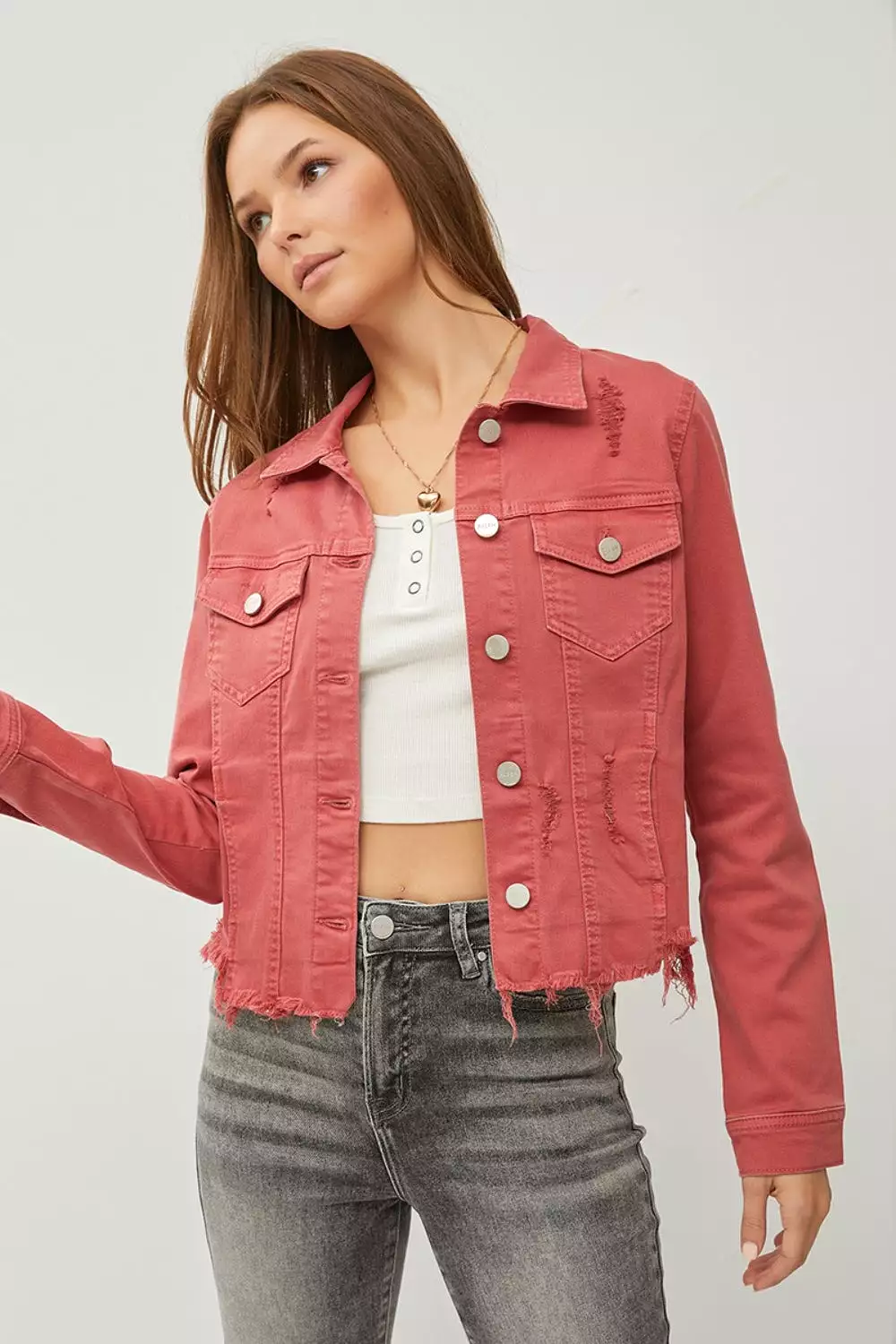 Brick Raw Hem Button Up Cropped Denim Jacket