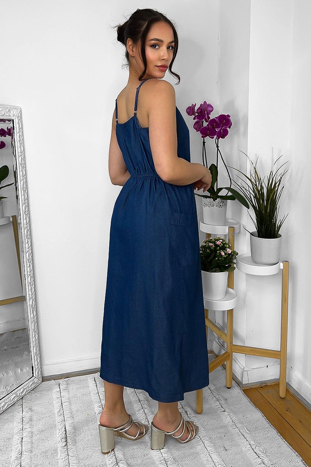 Buttoned Down Strappy Denim Midi Dress