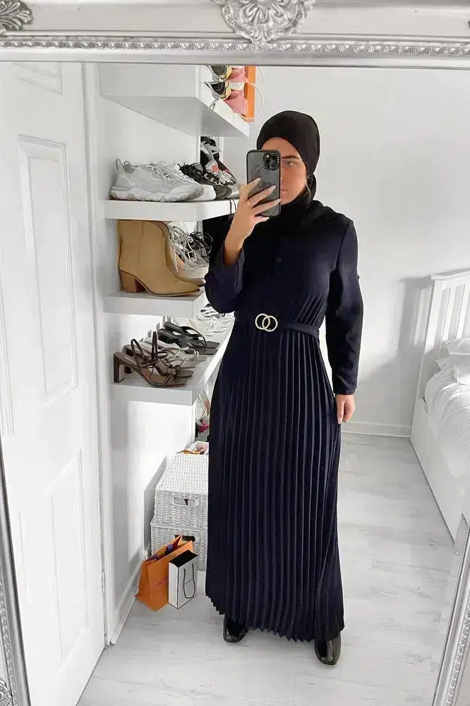 Circles Belt Pleated Modest Dress