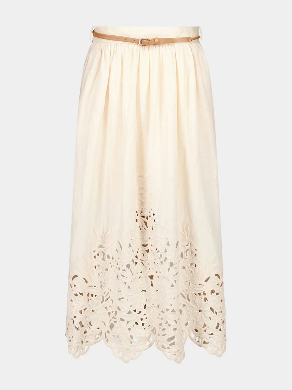 Cream Wylie Embroidered Linen Midi Skirt