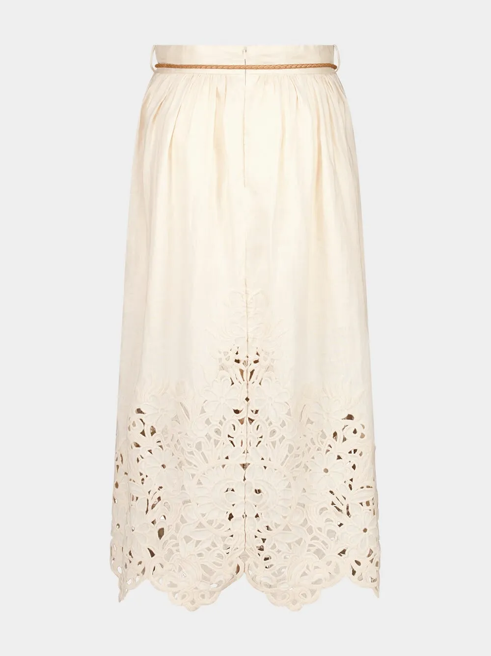 Cream Wylie Embroidered Linen Midi Skirt