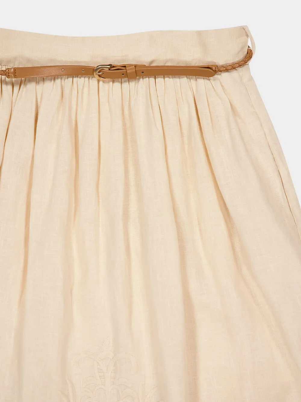 Cream Wylie Embroidered Linen Midi Skirt