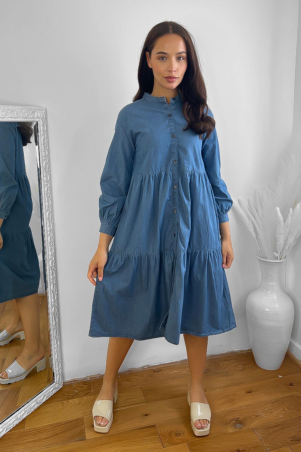 Dark Blue Grandad Collar Tiered Denim Dress