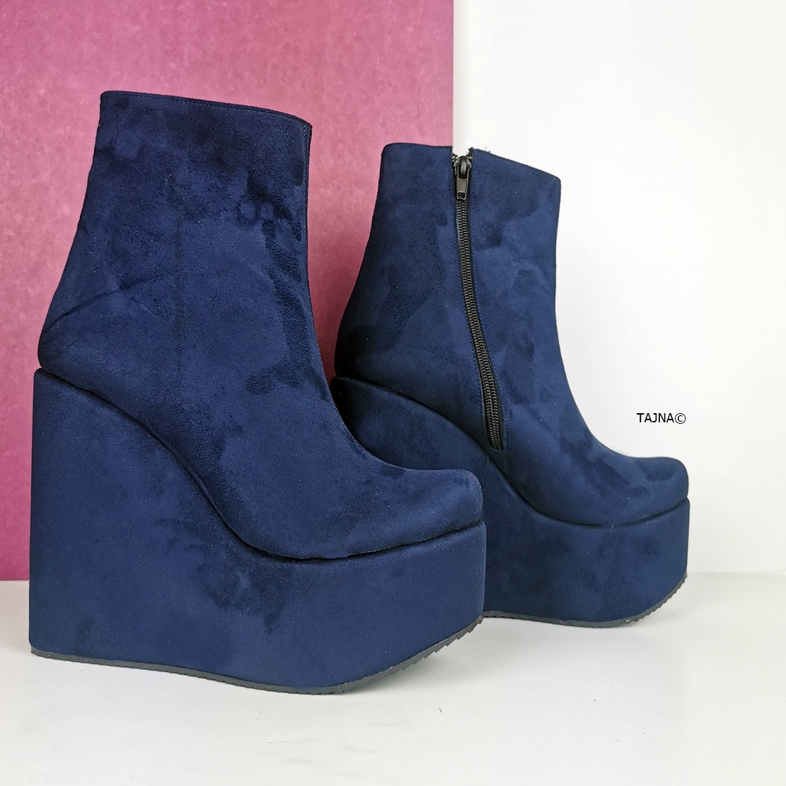 Dark Blue Suede Platform Wedge Boots