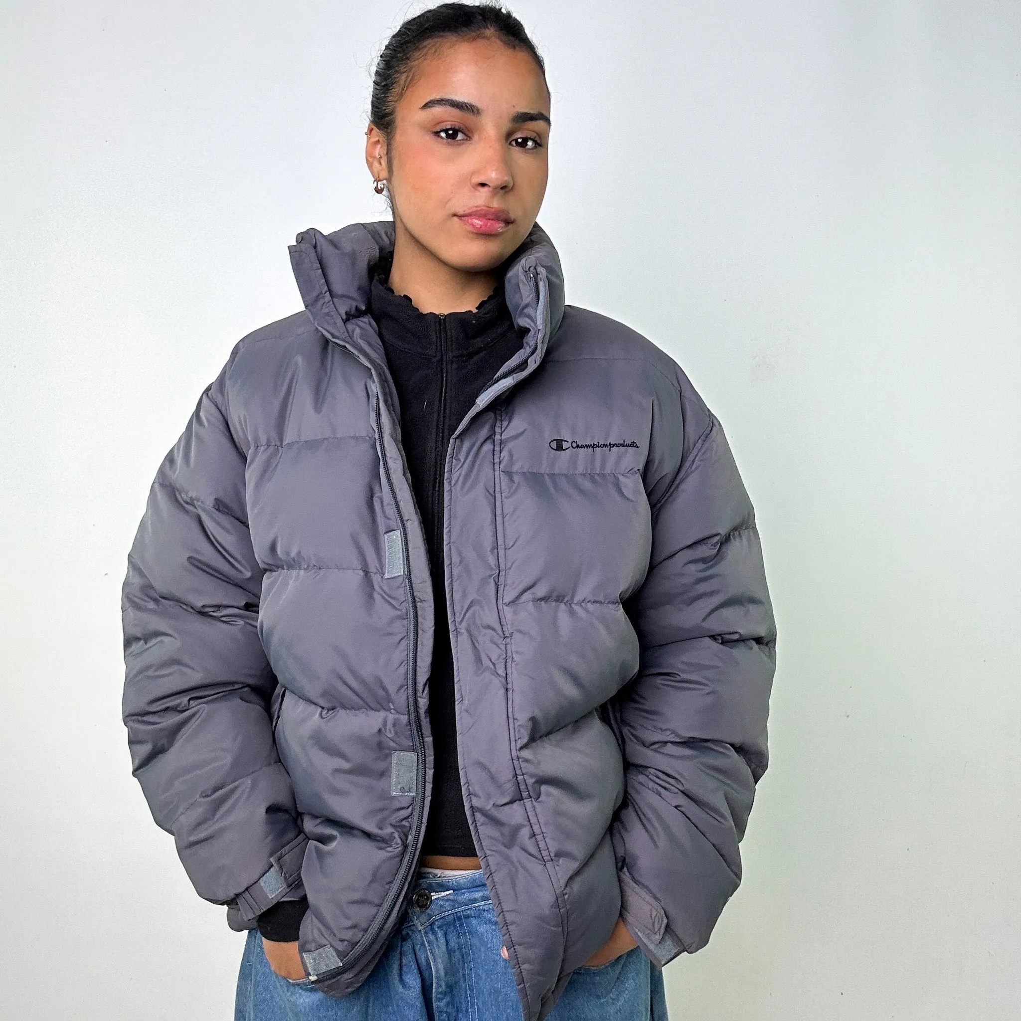 Dark Grey y2ks Champion Puffer Jacket Coat (M)