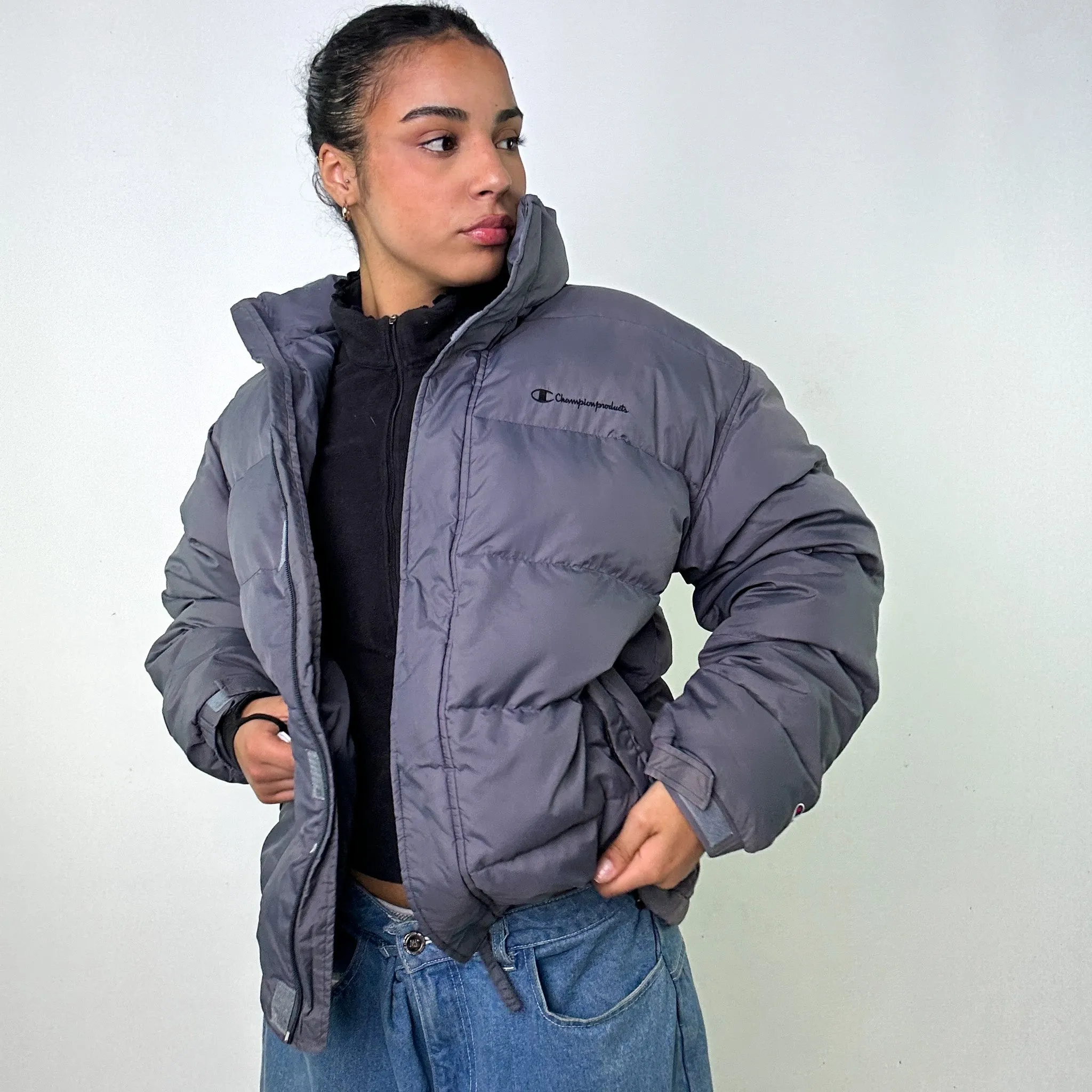 Dark Grey y2ks Champion Puffer Jacket Coat (M)