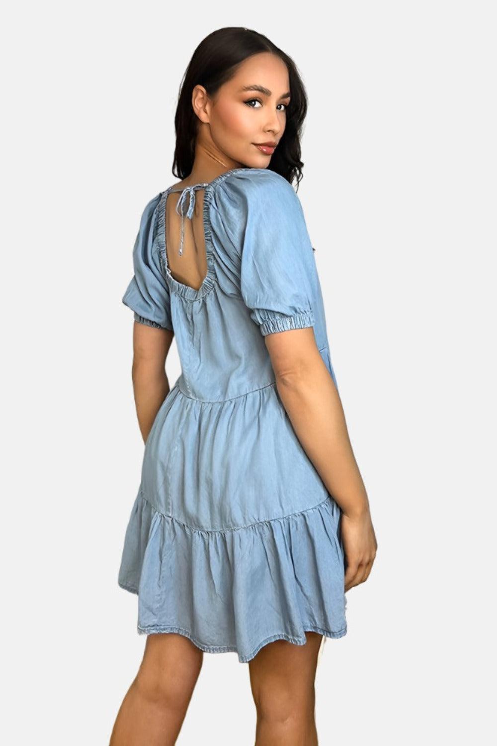 Denim Blue Tiered Milkmaid Dress