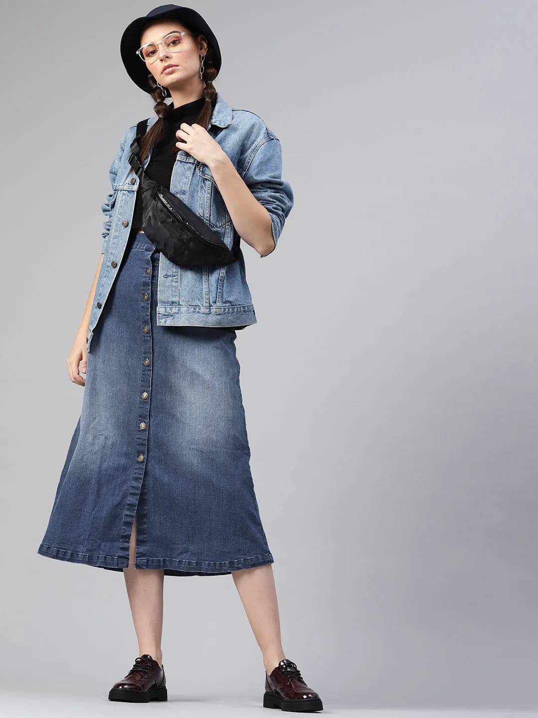 Denim Blue Washed Long Buttoned Skirt