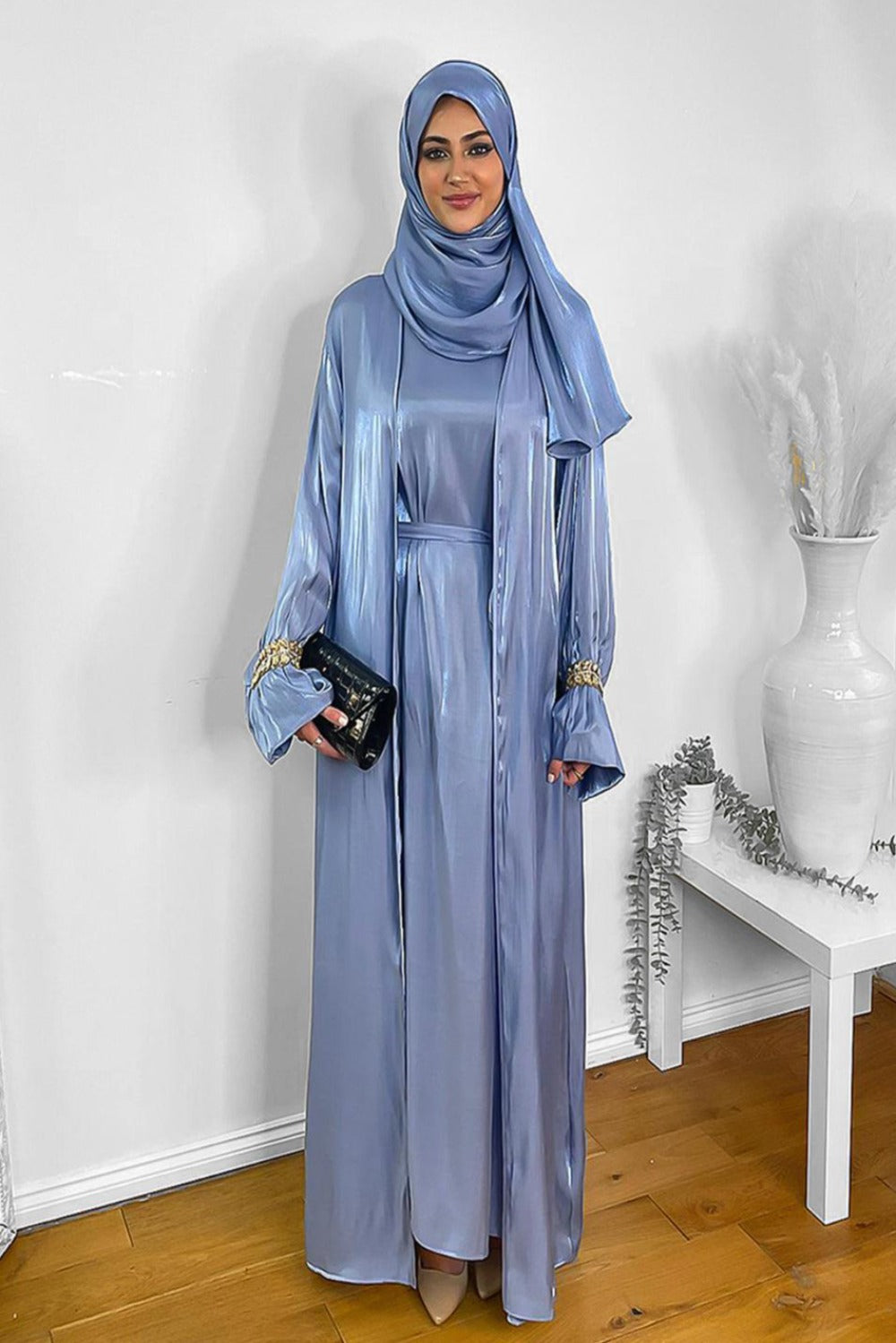 Embellished Sleeves Shimmer Organza Modest Dress And Hijab Scarf Set