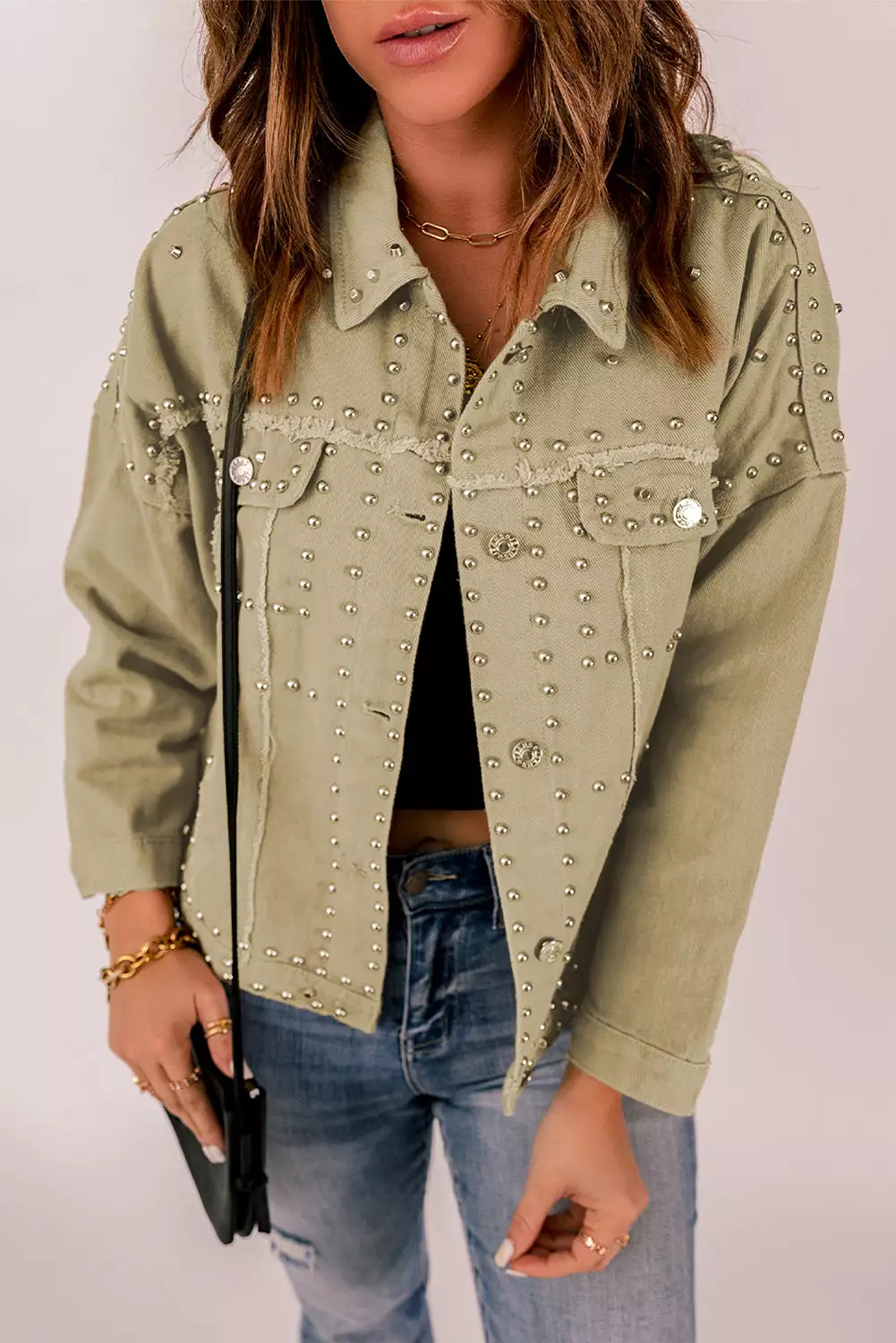 Frayed Trim Rivet Denim Jacket