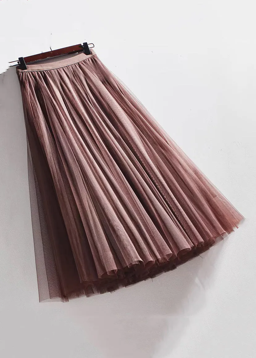 French Coffee Wrinkled Elastic Waist Tulle Skirts Summer AS1071