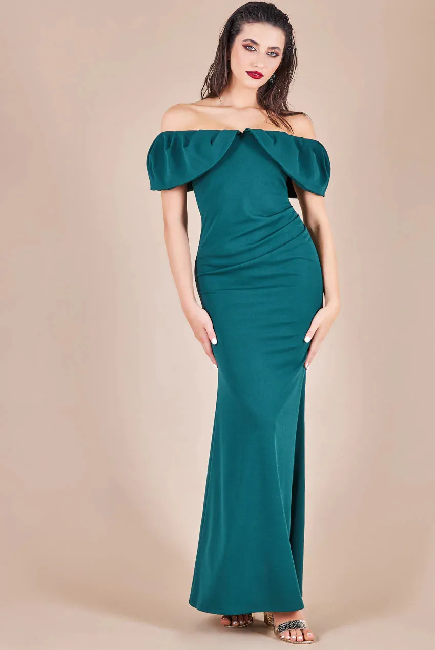 Goddiva Scuba Crepe Pleated Bardot Maxi