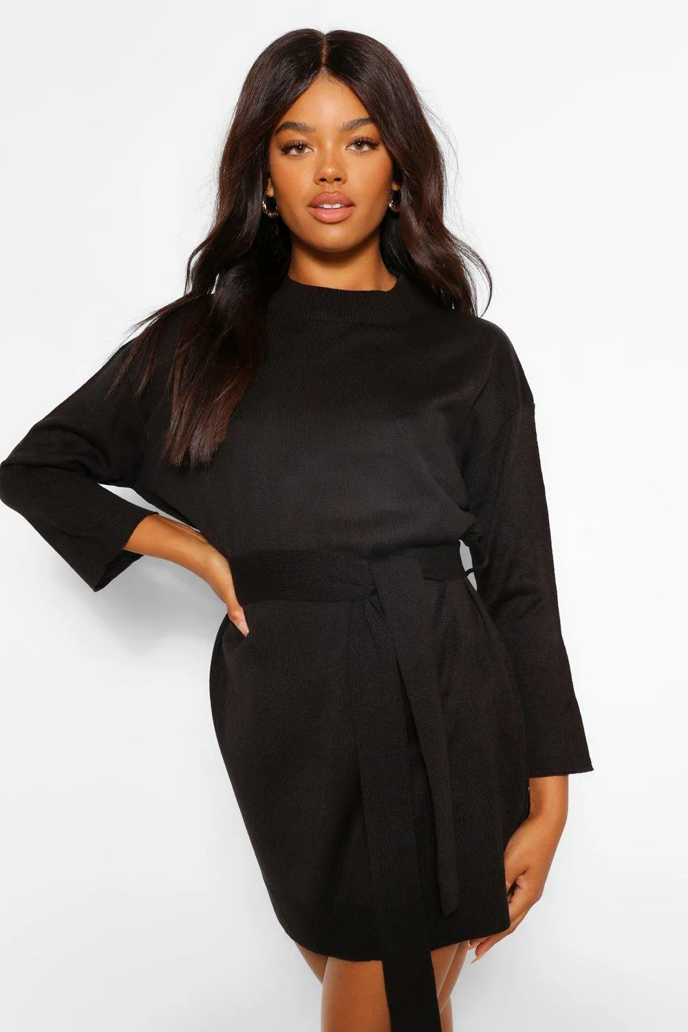 High Neck Belted Sweater Dress