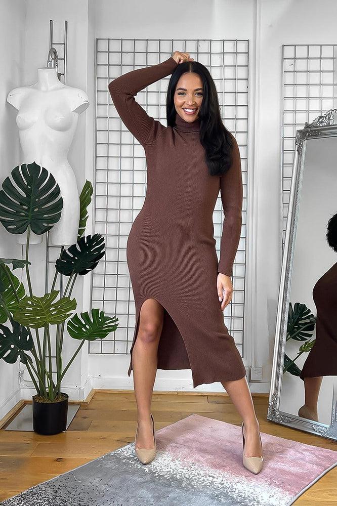 High Neck Leg Split Knitted Midi Dress