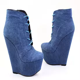 Jean Denim Lace Up Ankle Wedge Booties