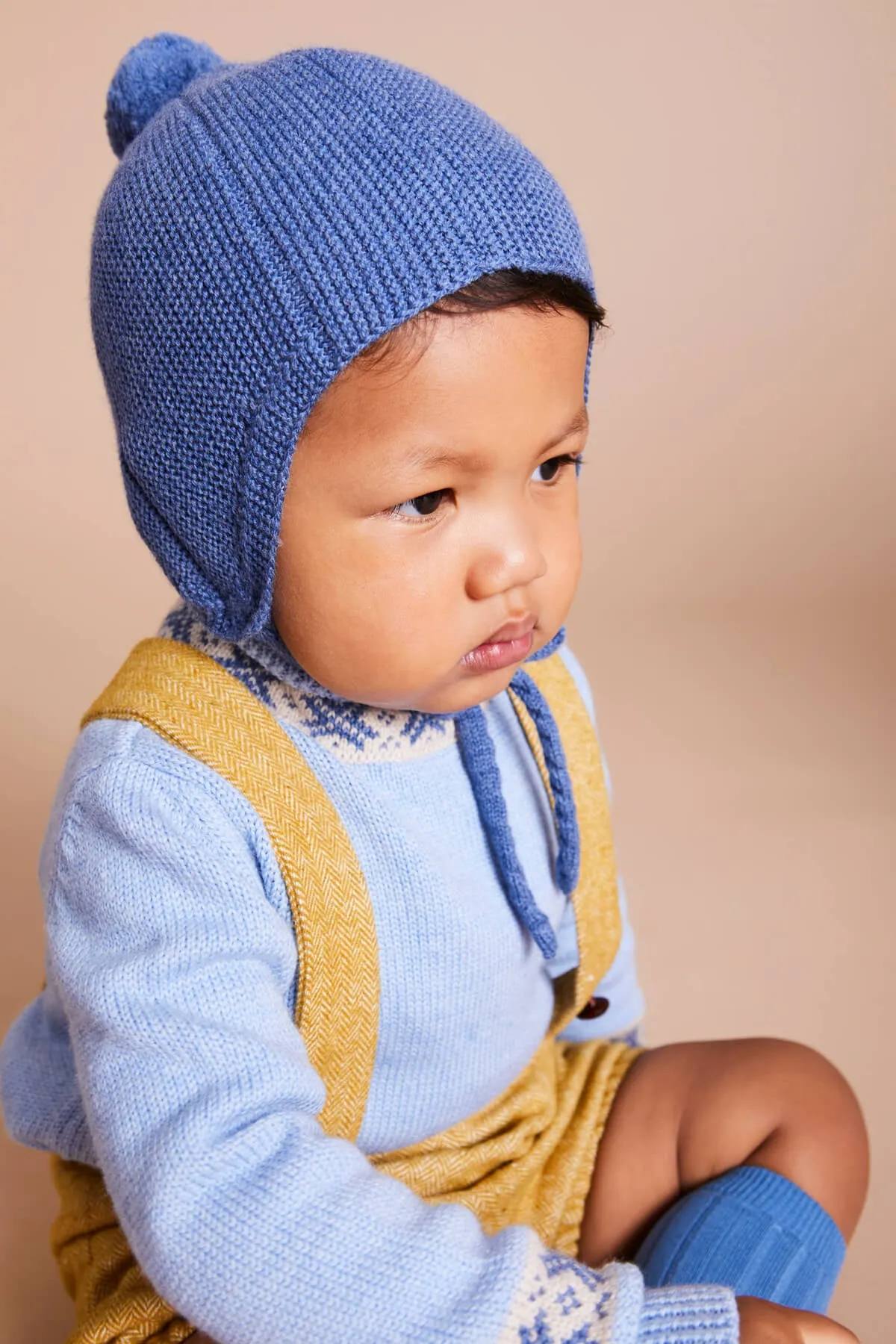 Knitted Merino Wool Winter Bonnet in Blue (S-L)