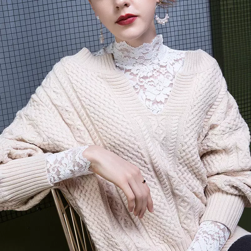 Lace bottoming women's turtleneck slim fit top