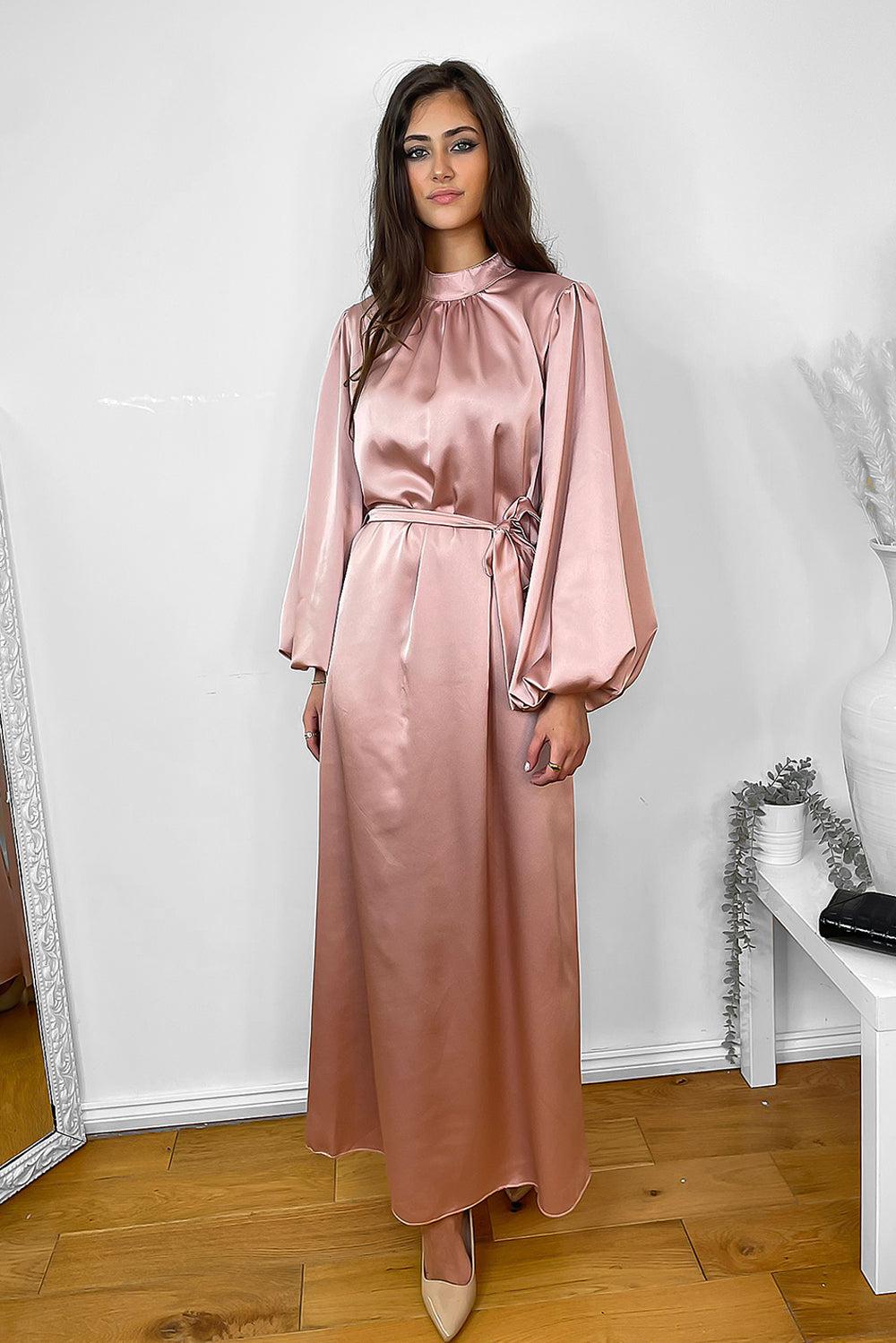 Lantern Sleeves High Neck Satin Modest Dress