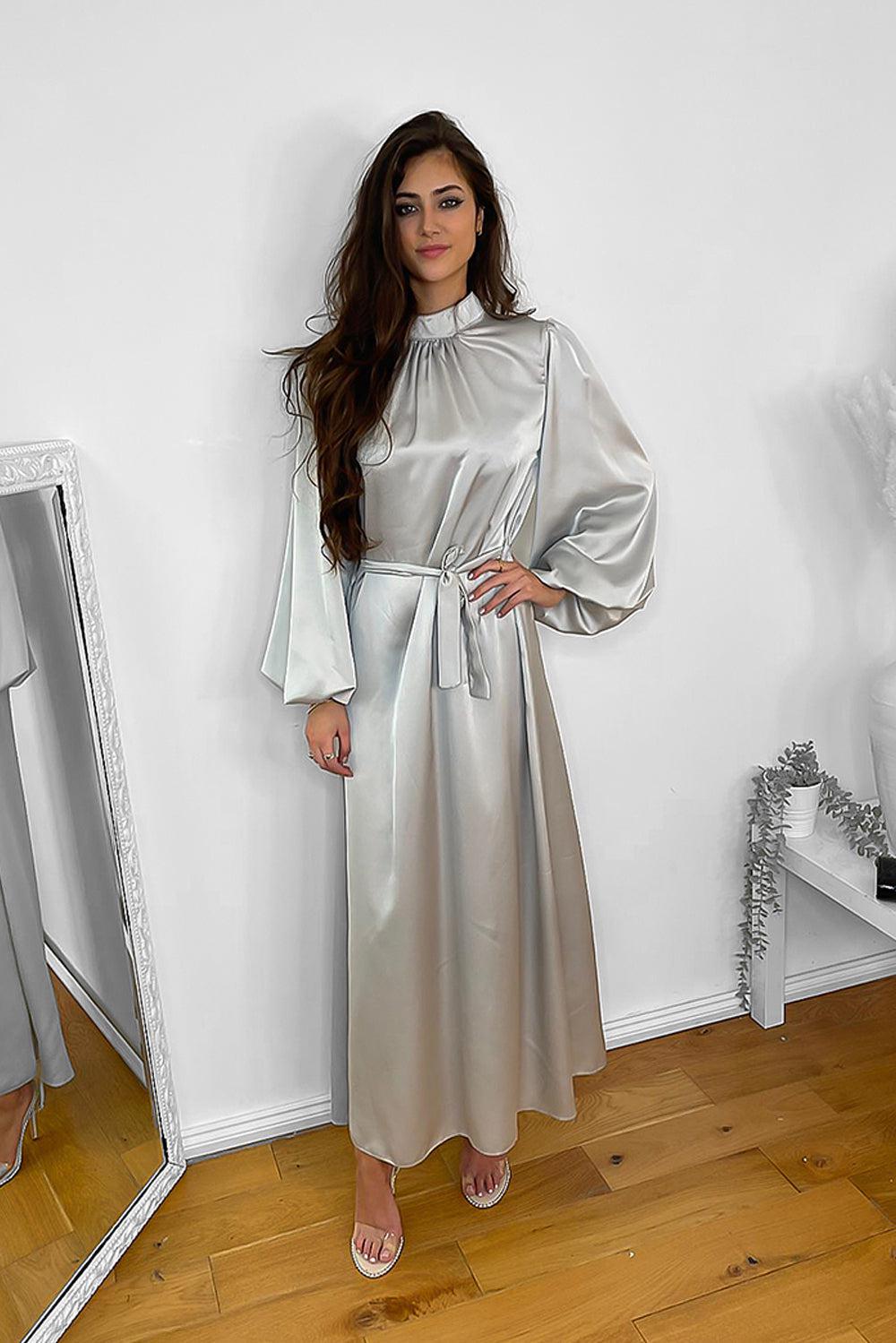 Lantern Sleeves High Neck Satin Modest Dress