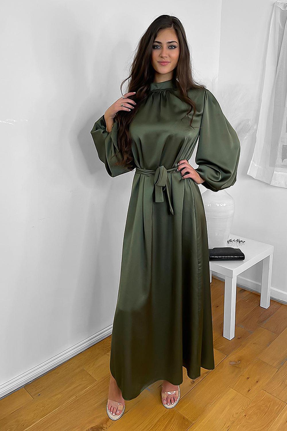 Lantern Sleeves High Neck Satin Modest Dress