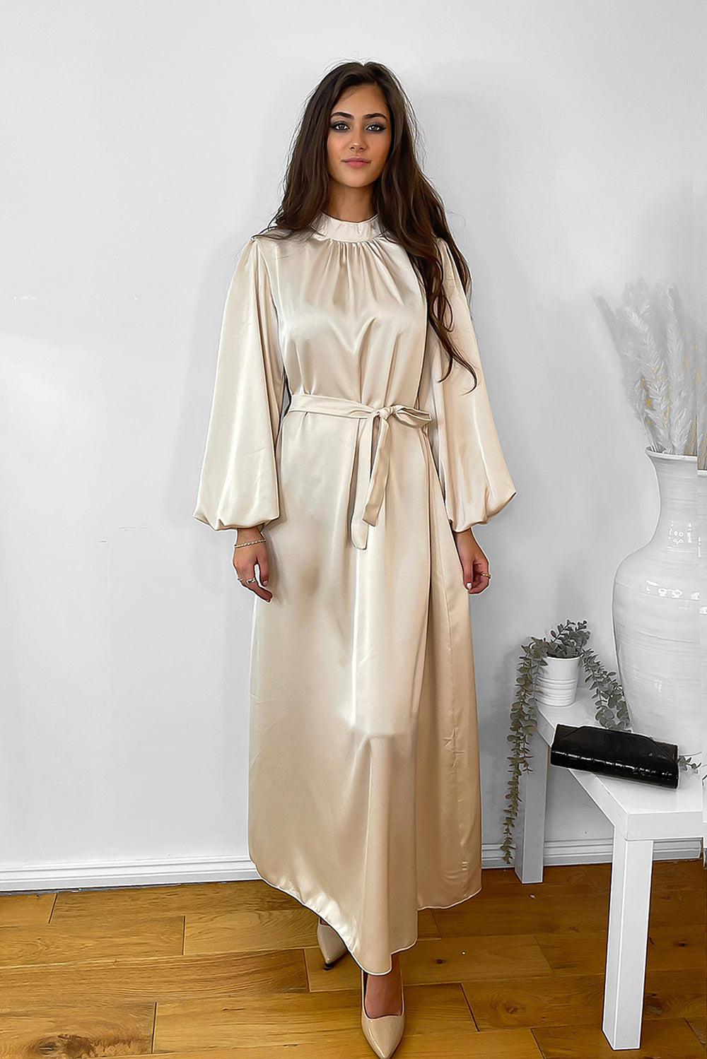 Lantern Sleeves High Neck Satin Modest Dress