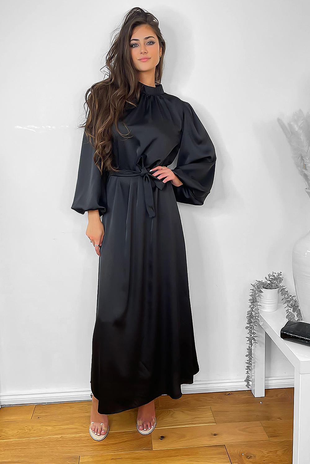 Lantern Sleeves High Neck Satin Modest Dress