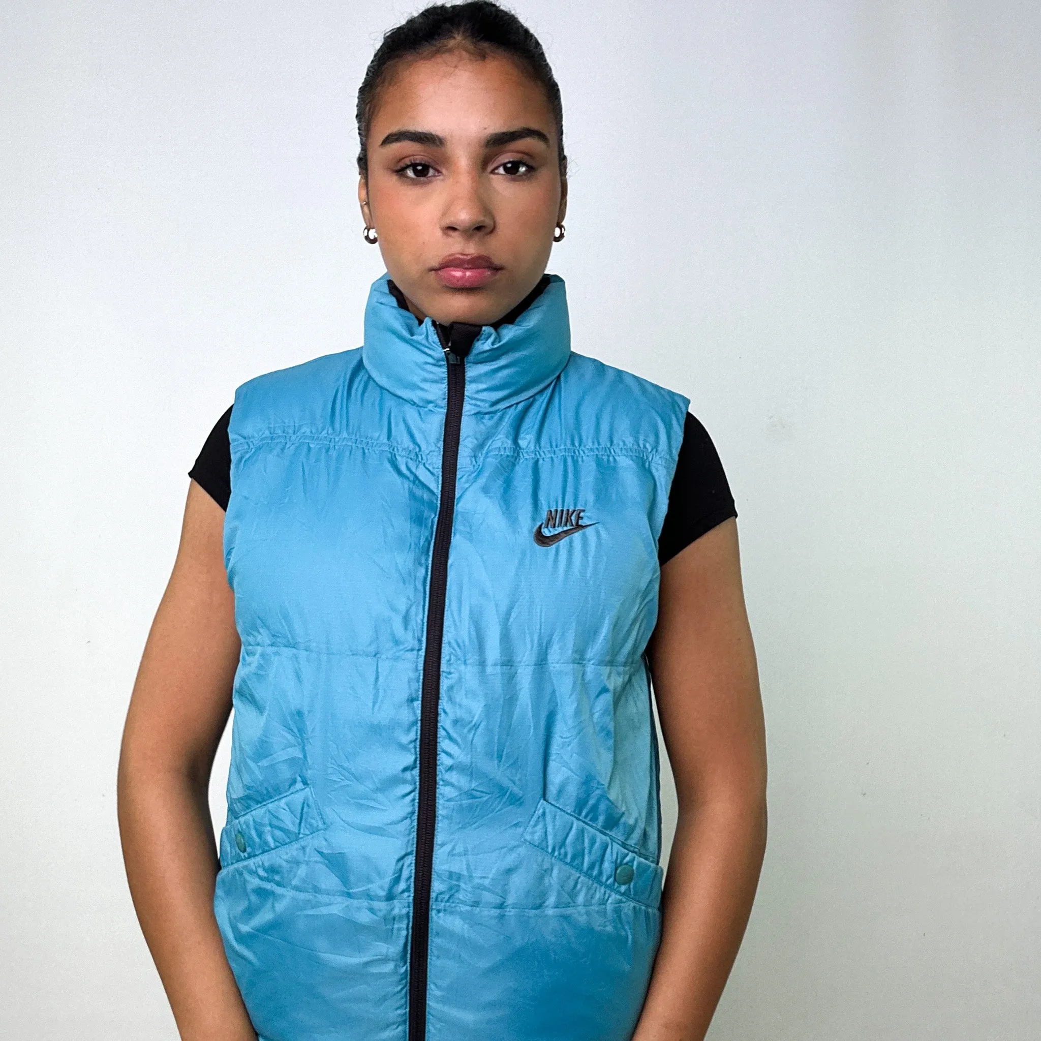 Light Blue y2ks NIKE / Dark Brown Reversible Puffer Jacket Coat Gilet (M)