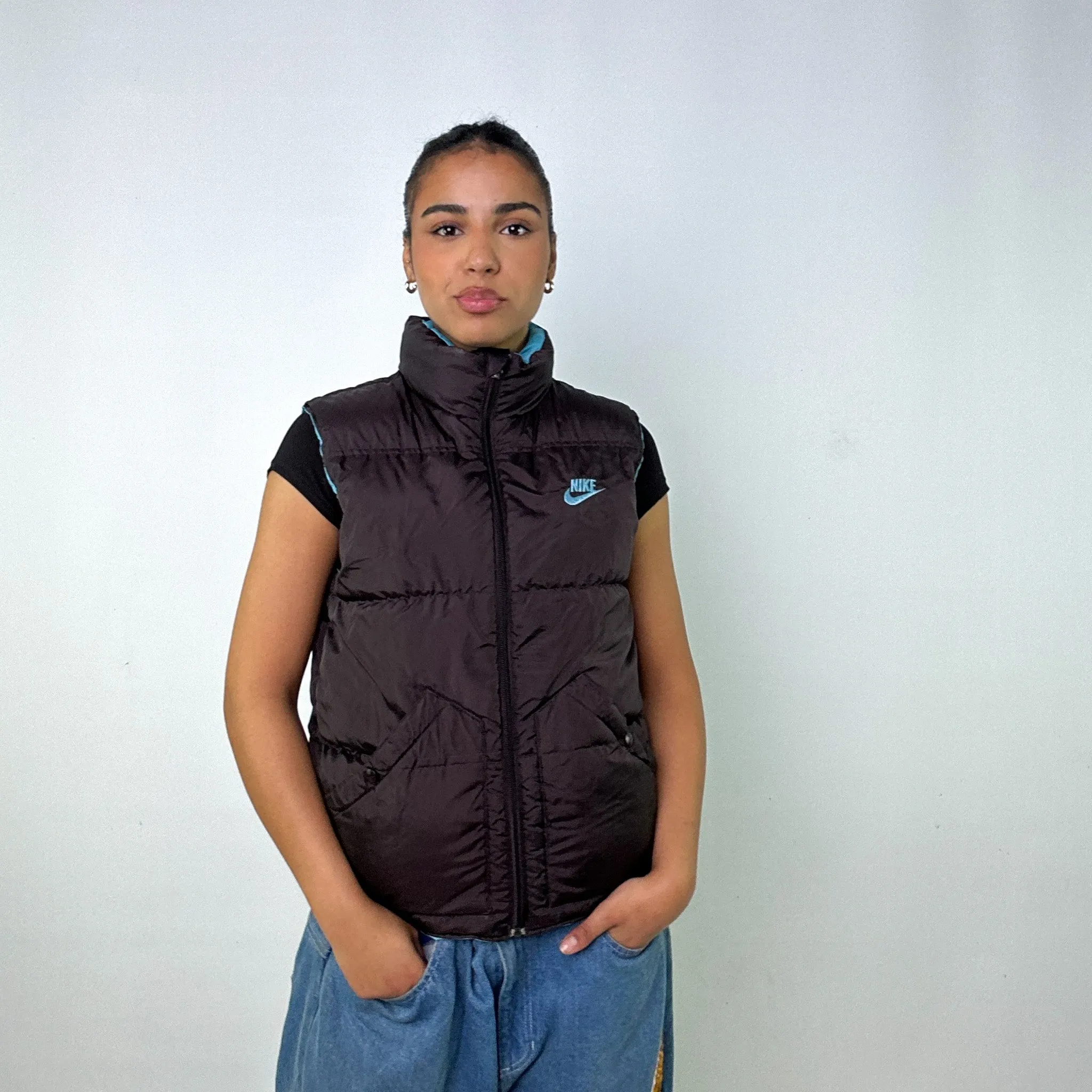 Light Blue y2ks NIKE / Dark Brown Reversible Puffer Jacket Coat Gilet (M)