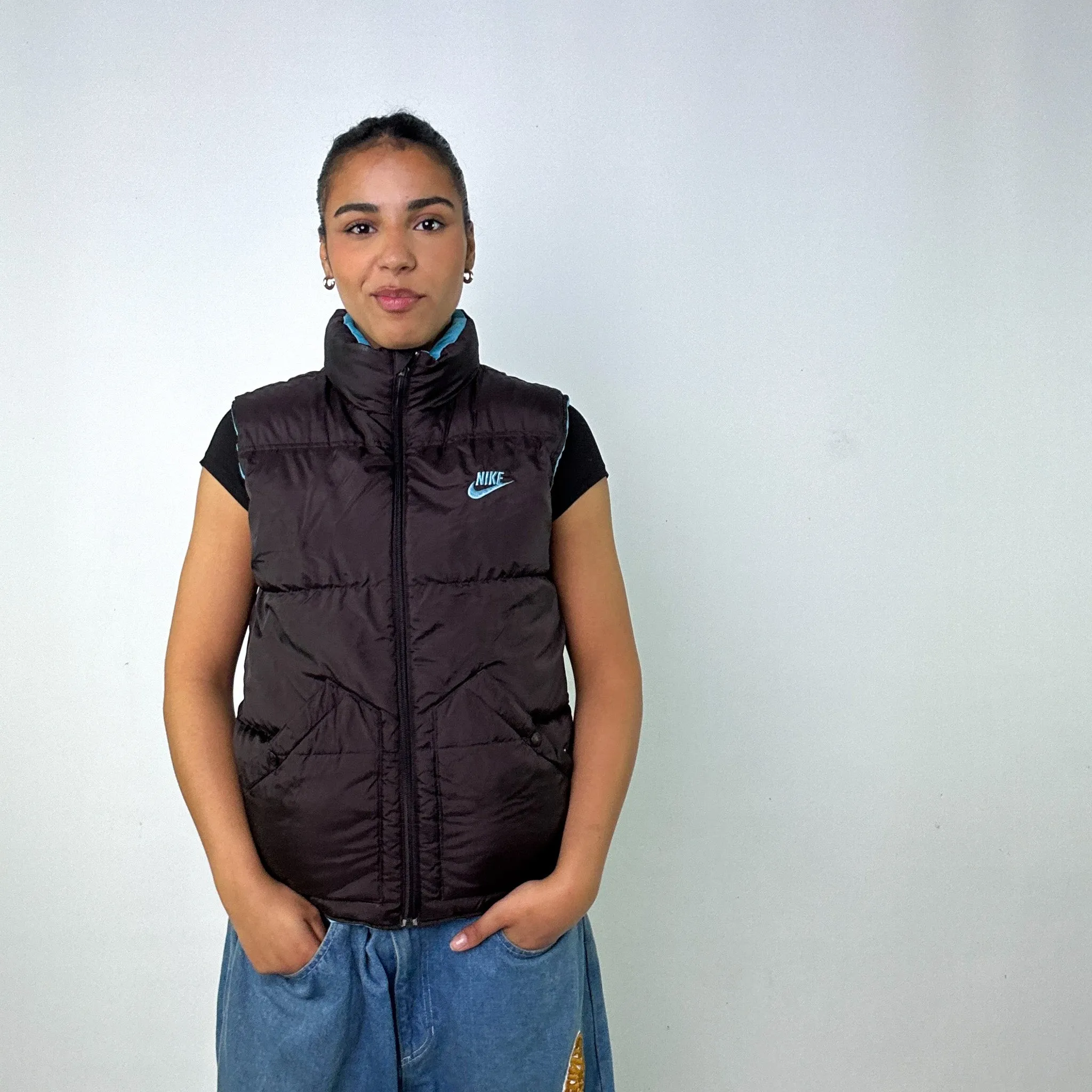 Light Blue y2ks NIKE / Dark Brown Reversible Puffer Jacket Coat Gilet (M)