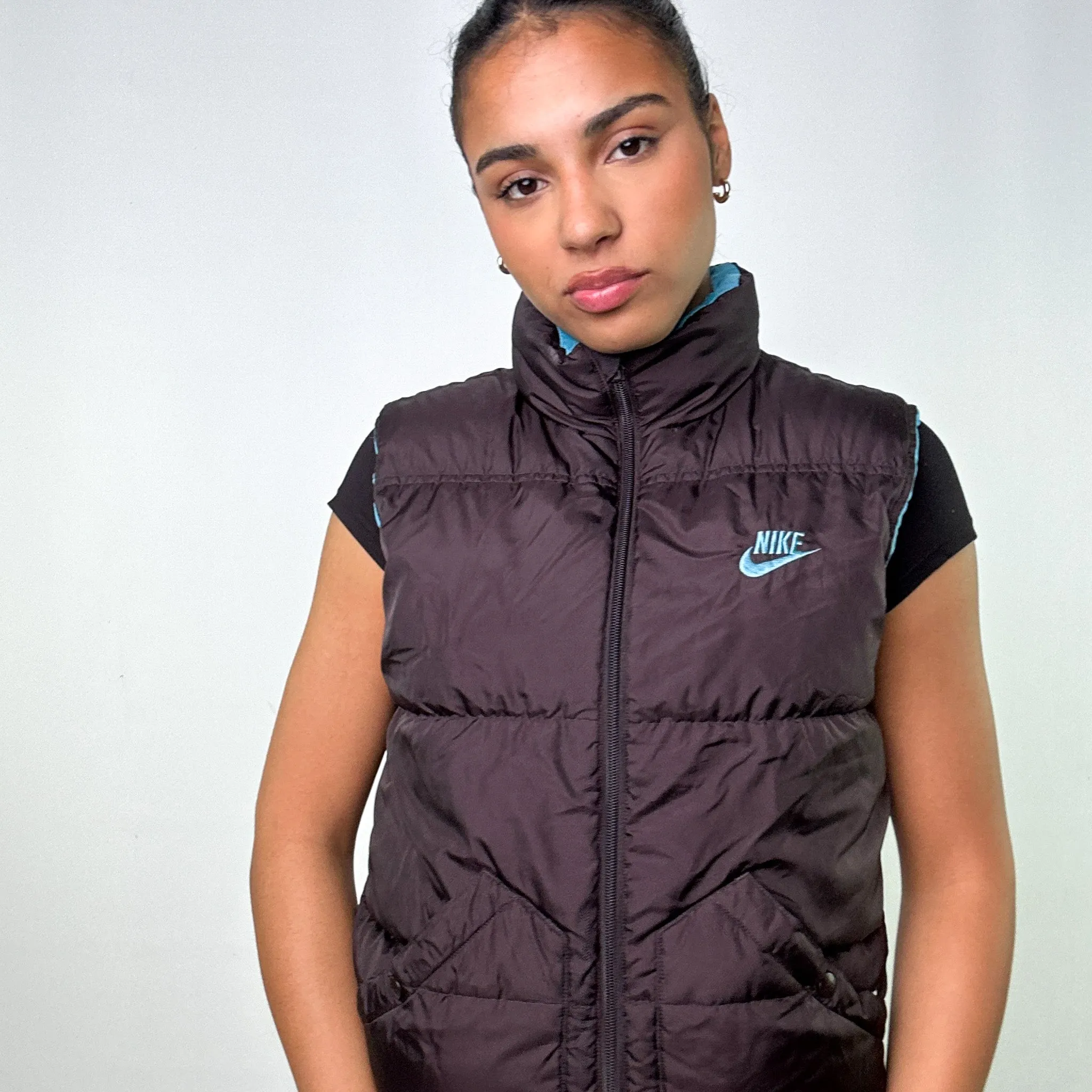 Light Blue y2ks NIKE / Dark Brown Reversible Puffer Jacket Coat Gilet (M)