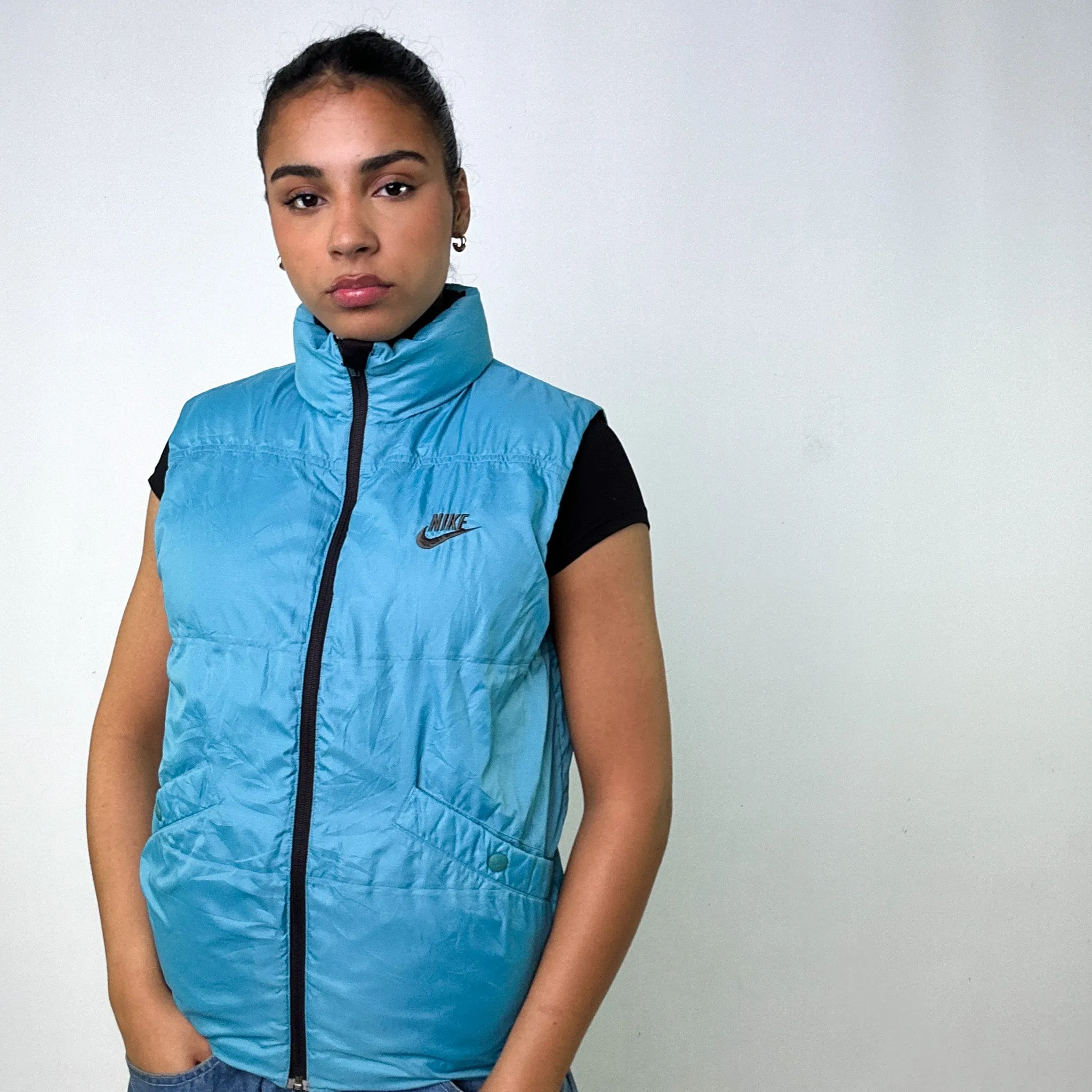 Light Blue y2ks NIKE / Dark Brown Reversible Puffer Jacket Coat Gilet (M)