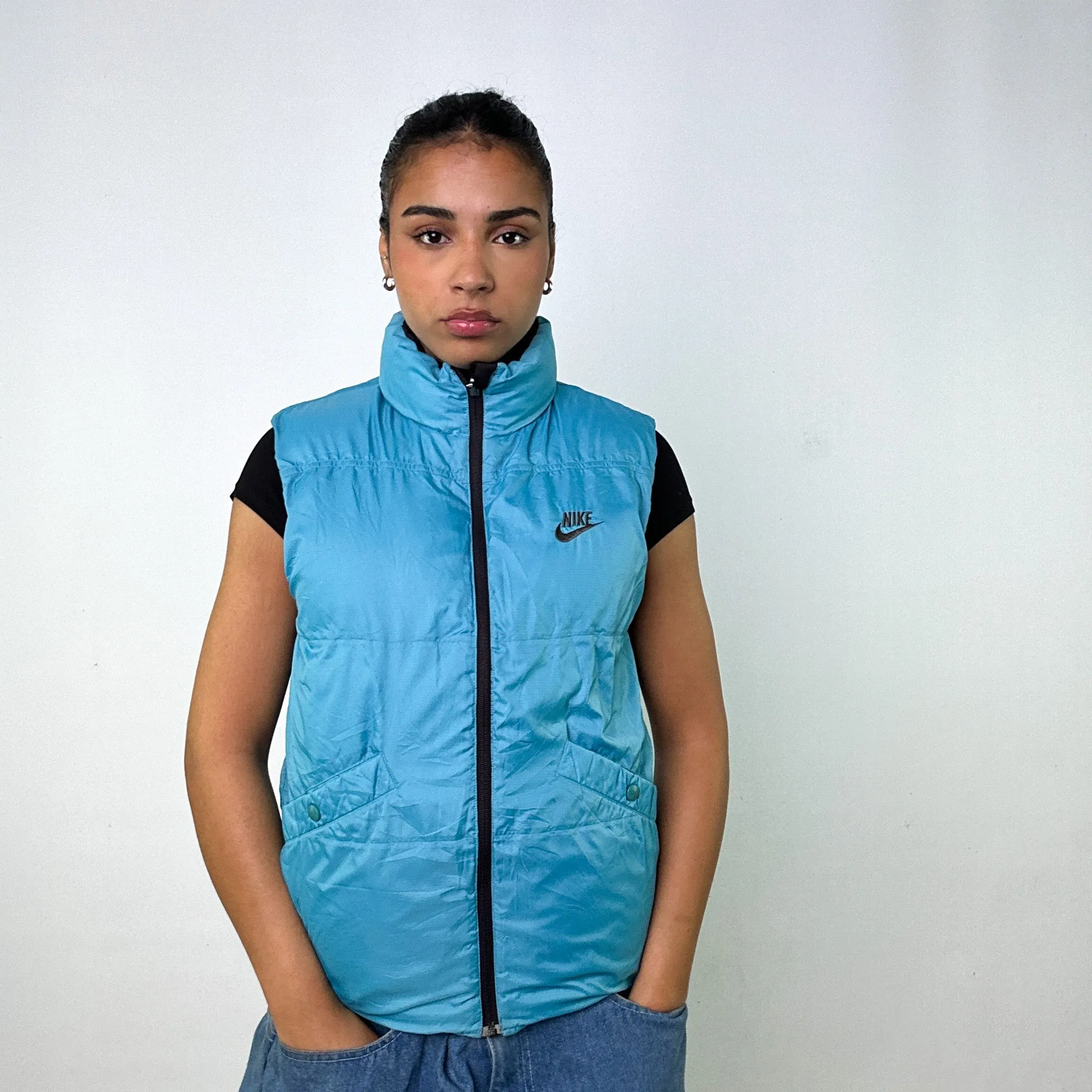 Light Blue y2ks NIKE / Dark Brown Reversible Puffer Jacket Coat Gilet (M)