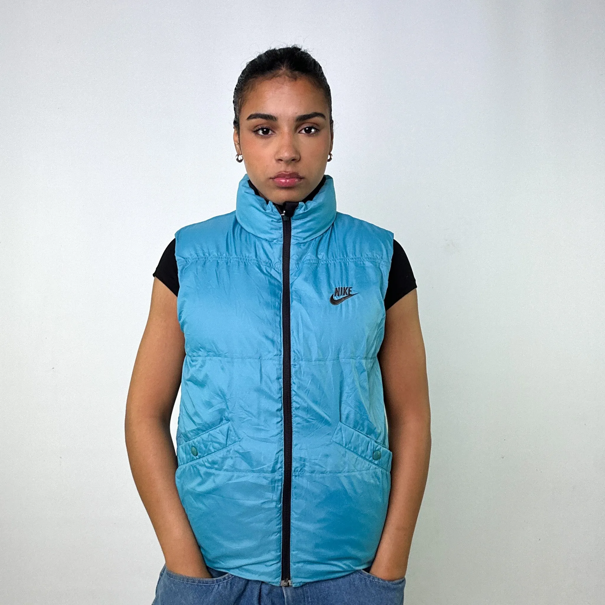 Light Blue y2ks NIKE / Dark Brown Reversible Puffer Jacket Coat Gilet (M)