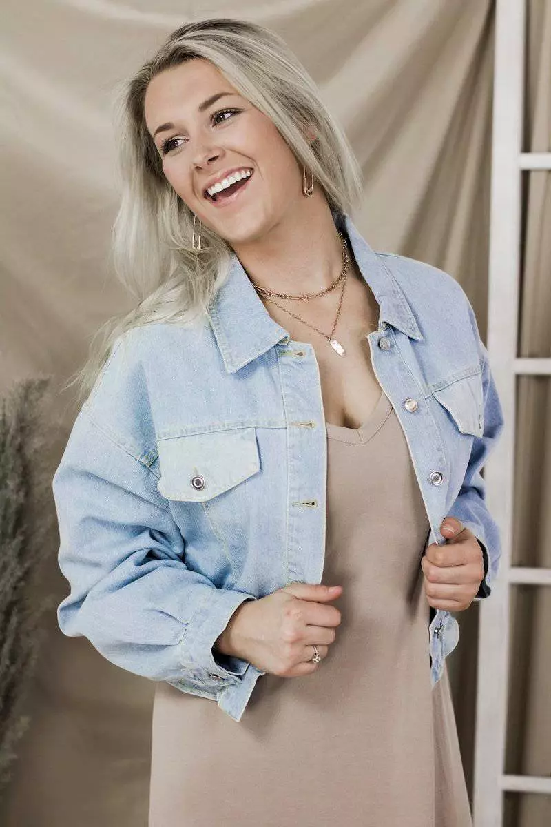 Light Wash Denim Puff Sleeve Crop Jacket