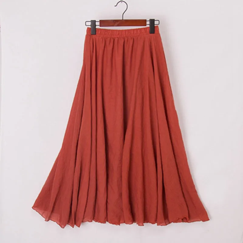 Linen Maxi Skirt Womens Casual Elastic High Waist Pleated