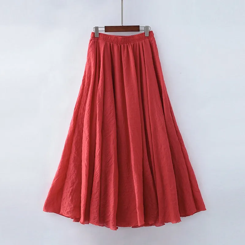 Linen Maxi Skirt Womens Casual Elastic High Waist Pleated